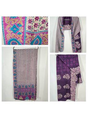 Mieko Mintz Floral Kantha Fabric Scarf Shawl Cotton Hand Stitched Purple & White